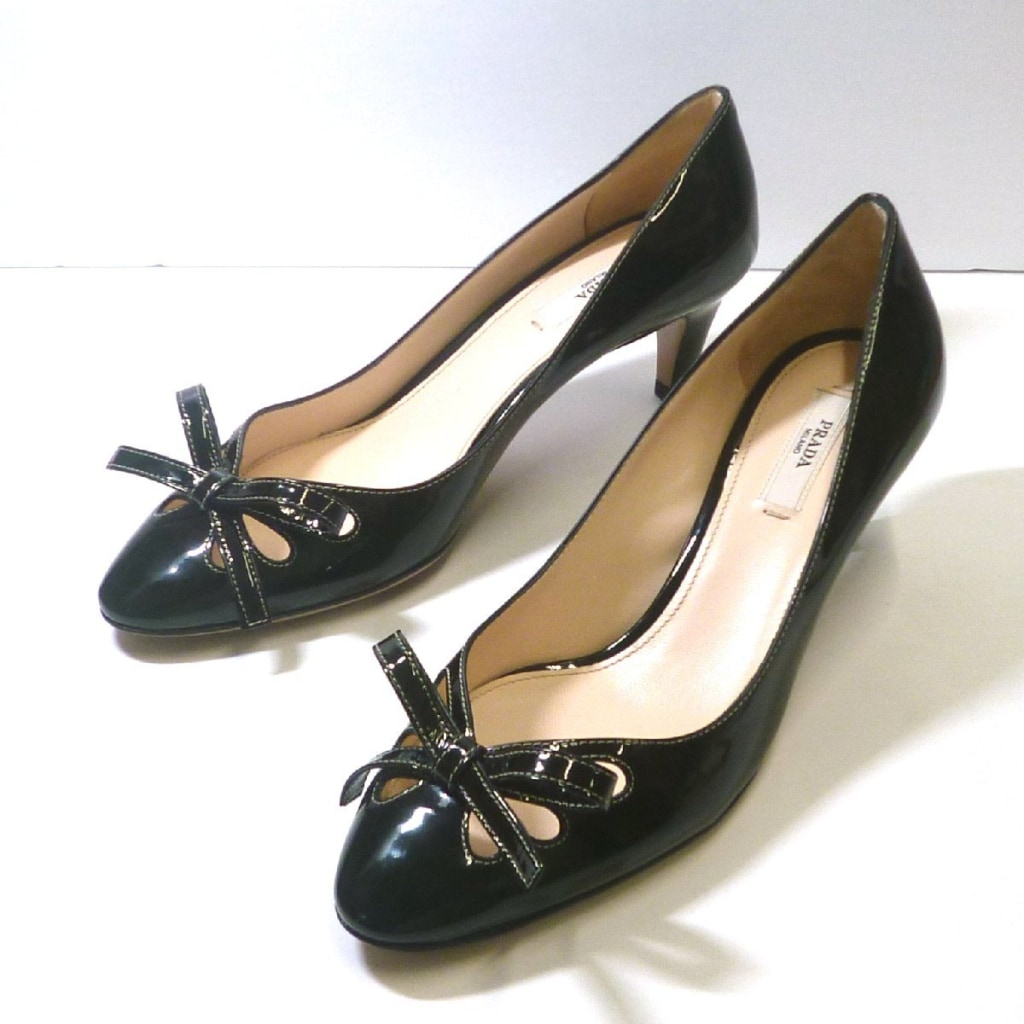 【美品】PRADA エナメル リボンパンプス 37