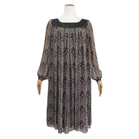 【美品】レリアン 長袖ワンピース 黒 紫系花柄
