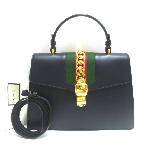 【美品】GUCCI シルヴィ シェリーライン ハンドバッグ ネイビー