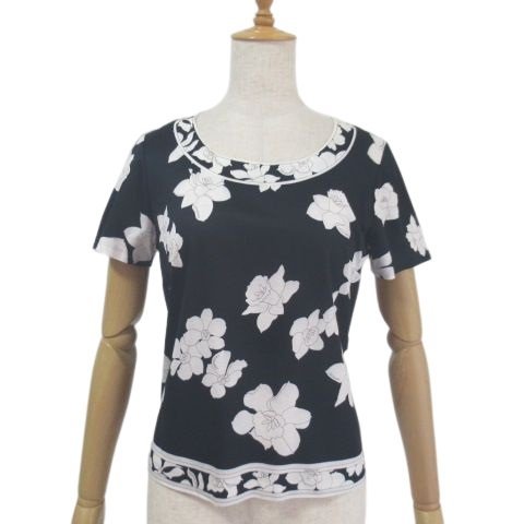 レオナール ファッション 半袖カットソー 黒×白 花柄