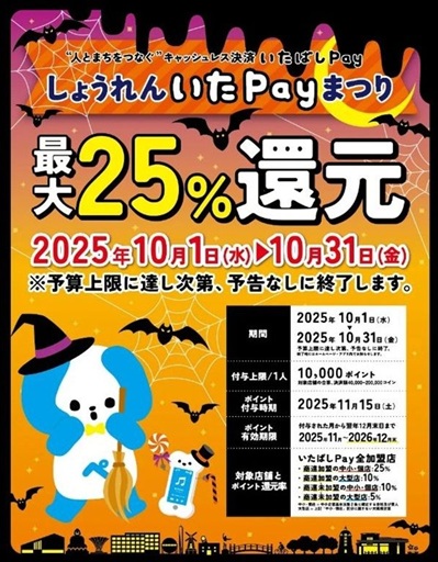 いたペイ 25％ポイント還元 10/31迄！